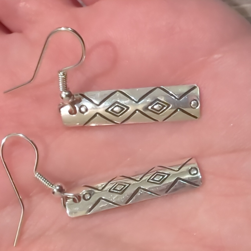 Navajo Sterling Silver Stamped Handmade Earrings - Picture 7 of 7